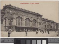 View of Strasbourg Central Train Station with trains and historical architecture