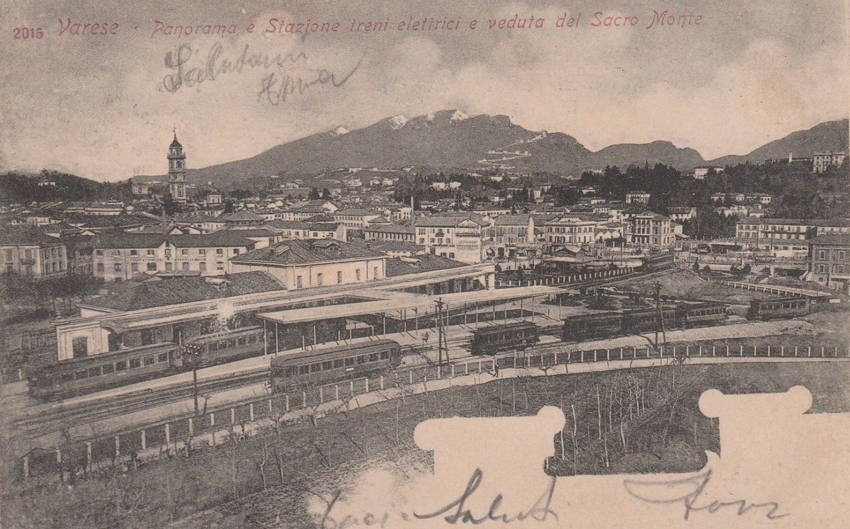 Historic panoramic view of Varese with Varese railway station and Sacro Monte in the foreground early 20th century
