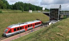 Vilnius Airport railway station exterior with platforms and tracks