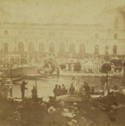 King Vittorio Emanuele II arriving in Venice at Canal Grande near Venezia Santa Lucia station on November 7, 1866