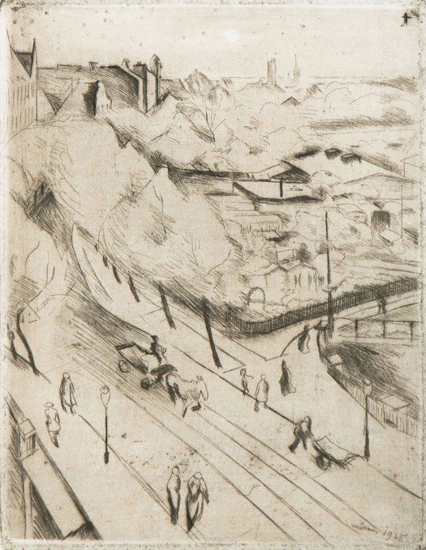 Etching and drypoint artwork Wallstraße I near Berliner Tor station by Franz Nölken, depicting a street scene in 1915