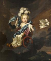 Girl dressed as Venus in a chariot holding a staff and flowers