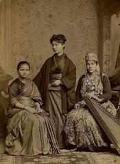 Three foreign female medical students at Women's Medical College of Pennsylvania in 1885 wearing traditional national clothing