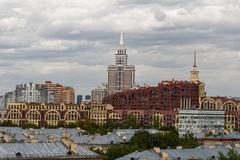 View from the west on Triumph Palace in Moscow with Marshal residential complex and buildings on Raspletina and Biryuzova streets