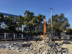 Doosan DX140 crawler bulldozer at renovation site in Blaha Lujza tér, Budapest
