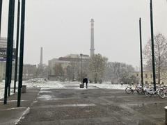 Snowfall in Prague on a cloudy winter day