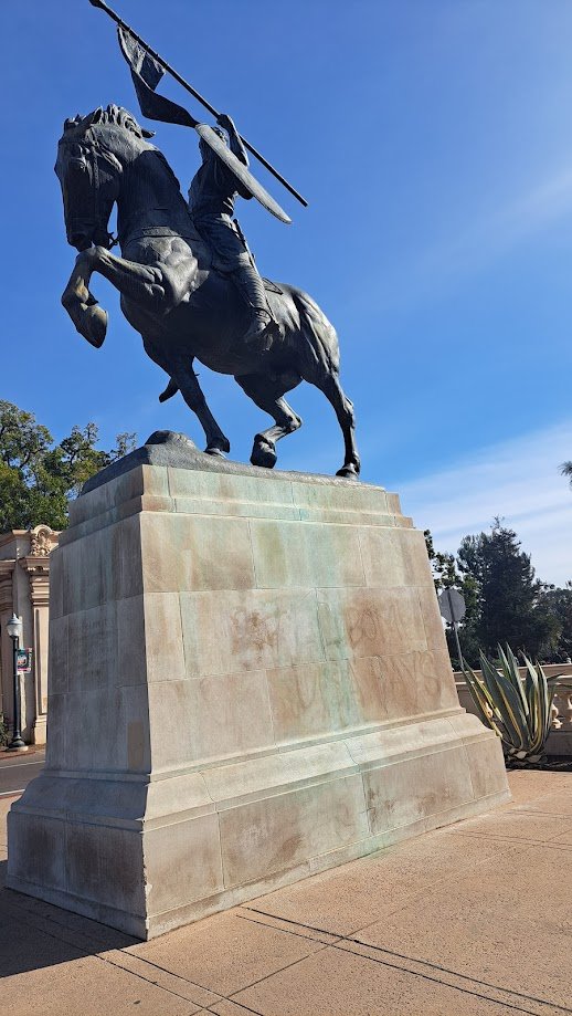 El Cid statue in Balboa Park San Diego with graffiti covered up