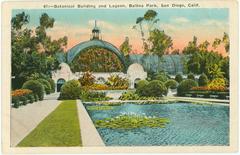 Botanical Building and lily pond with pedestrian walkway in Balboa Park San Diego