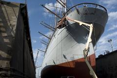 The BALCLUTHA sitting in dry dock for extensive rehabilitation and hull repainting in 1997