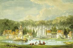 View of the Hameau de la Reine in front of the pond at Trianon, Château de Versailles, 1786 watercolor by Claude Louis Chatelet