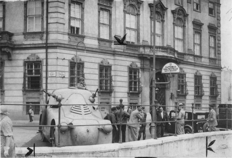 Policeman in armored police vehicle at Ballhausplatz, 1934