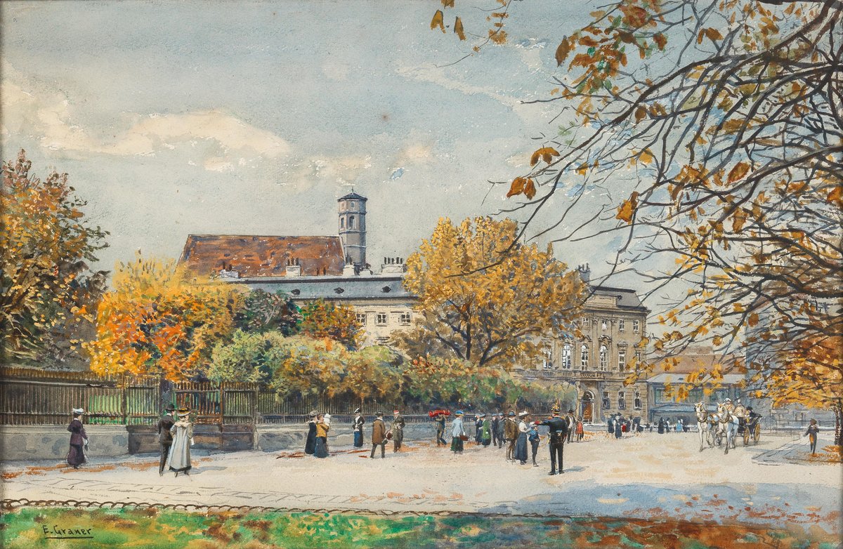 Emperor Franz Joseph's departure at Volksgarten, watercolor painting by Ernst Graner