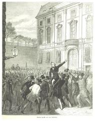 Historical black and white photo of Burian speaking at the ball court in 1872