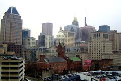 Downtown Baltimore skyline with City Hall viewed from northeast