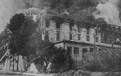 Black and white photograph of the fire at Century Studios in Hollywood, Los Angeles, on August 15, 1926, showing smoke and flames from the studio buildings as seen from El Centro Avenue