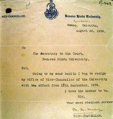 Resignation letter of Mahamana Madan Mohan Malviya as Vice-Chancellor of Banaras Hindu University due to poor health