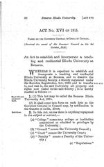 First page of Benares Hindu University Act 1915 document