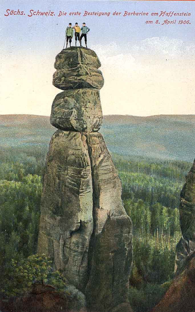 Historic photograph of the first climbing of the Barbarine rock formation on Pfaffenstein, dated incorrectly as April 8, 1906