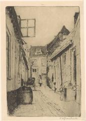 Street scene in Voorburg with rain barrel by a house with open window and a woman with cart at the street end