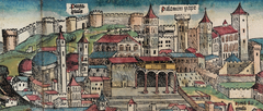 Illustration of Vatican Hill and Old St Peter's Basilica in Rome from the Nuremberg Chronicle