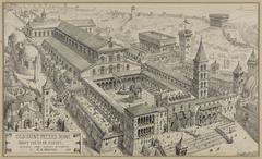 Old St Peter's Basilica in Rome around 1450, historical drawing