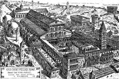 Drawing and graphic reconstruction of the Constantinian basilica over the grave of St. Peter in Rome, circa 1450, showing the basilica and the Sistine Chapel in the background.