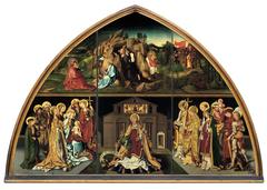 Woodcut artwork depicting the Fourteen Holy Helpers, a group of Christian saints