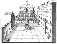 Engraving of old Saint Peter's Basilica in Rome with detailed architectural features