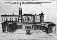 Engraving of the portico of Old St. Peter's Basilica featuring Giotto's Navicella mosaic