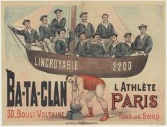 Vintage French lithographic poster for Ba-Ta-Clan theater at 50 boulevard Voltaire in Paris featuring L'Athlète 'L'Incroyable 2200', promoting nightly spectacles in 1890