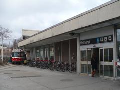 Front entrance of Bathurst Station in Toronto with stairs and handrails