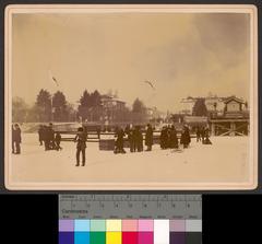 View of Lake Zurich with group of ice skating panels on the water
