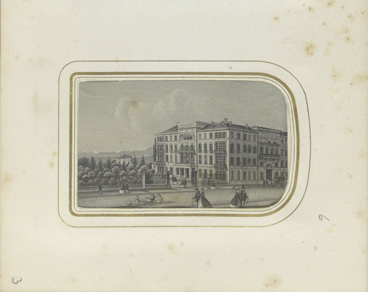Exterior of Hotel Bauer au Lac at Bürkliplatz in Zürich, historic etching from circa 1864 showing the hotel building and surrounding square with figures