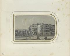 Exterior of Hotel Bauer au Lac at Bürkliplatz in Zürich, historic etching from circa 1864 showing the hotel building and surrounding square with figures