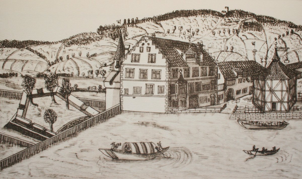 Bauhaus building in Zurich Kratzquartier around 1700 with Bauschänzli visible on the left, detailed pen drawing by Gerold Escher