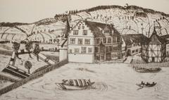 Bauhaus building in Zurich Kratzquartier around 1700 with Bauschänzli visible on the left, detailed pen drawing by Gerold Escher