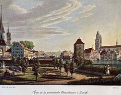 Bauschänzli Anlage view downstream on Limmat river in Zurich