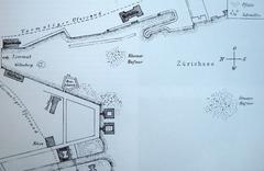 Historical map of Zurich showing Grossen and Kleinen Hafner islands in Lake Zurich with landmarks like Wellenberg, Bauschänzli Ravelin, Schanzengraben, Kornhaus, Wasserkirche, Stadthaus, Alte Börse, Alte Tonhalle, and Opernhaus near Bellevue Platz