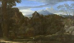 Landscape painting with three monks by Nicolas Poussin