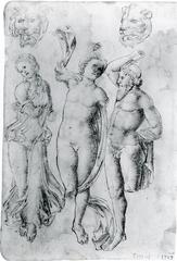 Ancient Lombardian artwork depicting Pan and two Maenads with two lion heads