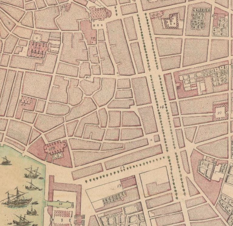 Historical map excerpt from the Plan Razaud of 1743 showing L'Arsenal, La Canebière, and Le Cours