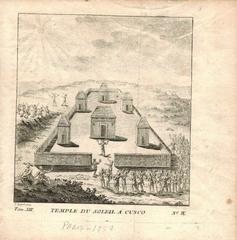 Ancient Temple of the Sun (Qurikancha) ruins in Cusco, Peru under cloudy sky
