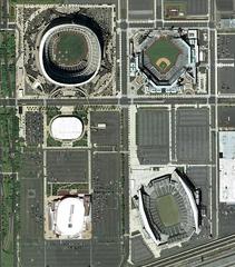 Aerial view of South Philadelphia Sports Complex including multiple sports stadiums and venues