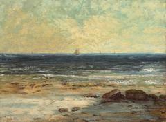 Seascape painting by Gustave Courbet depicting the shore at Palavas with waves and sky