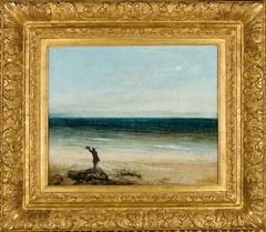 Seascape painting depicting a rocky shoreline with turbulent sea waves under a cloudy sky