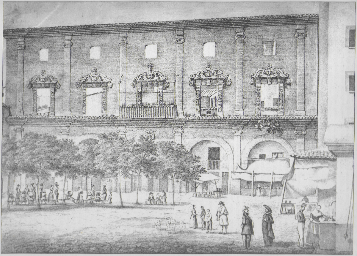 Side facade of the Cort building at Plaça de Santa Eulàlia in an engraving by Francesc Muntaner