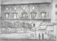 Side facade of the Cort building at Plaça de Santa Eulàlia in an engraving by Francesc Muntaner