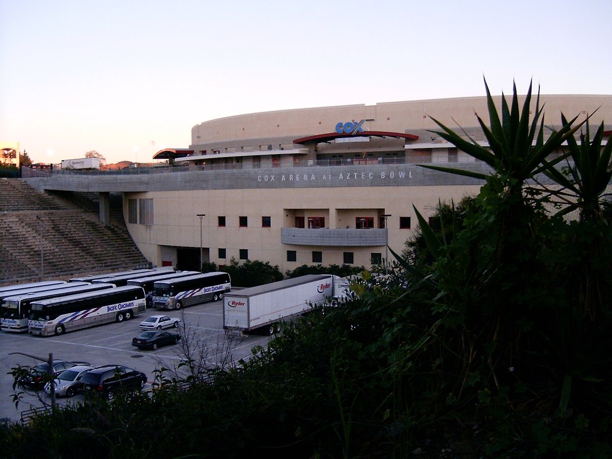 Aztec Bowl stadium in San Diego with surrounding greenery and clear sky