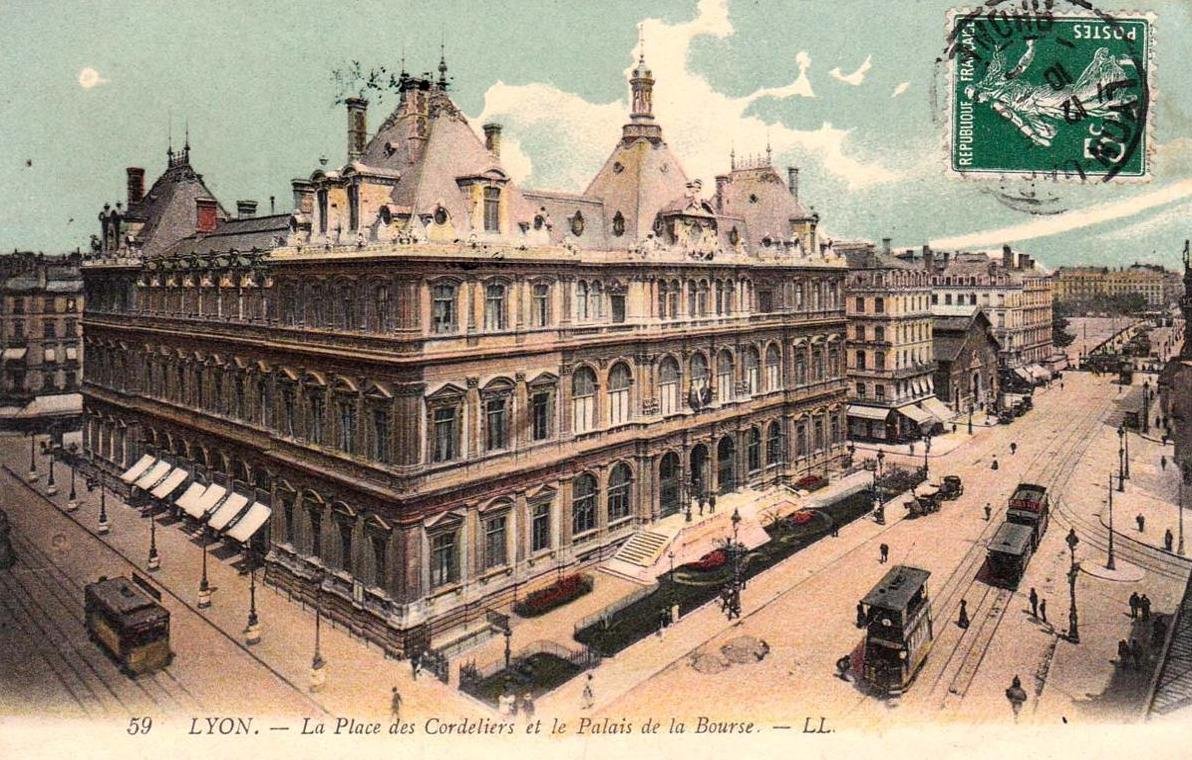 Facade of Palais de la Bourse at Place des Cordeliers in Lyon, France