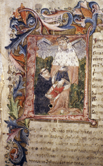 Historiated initial showing John Capgrave presenting manuscript to Humphrey, Duke of Gloucester